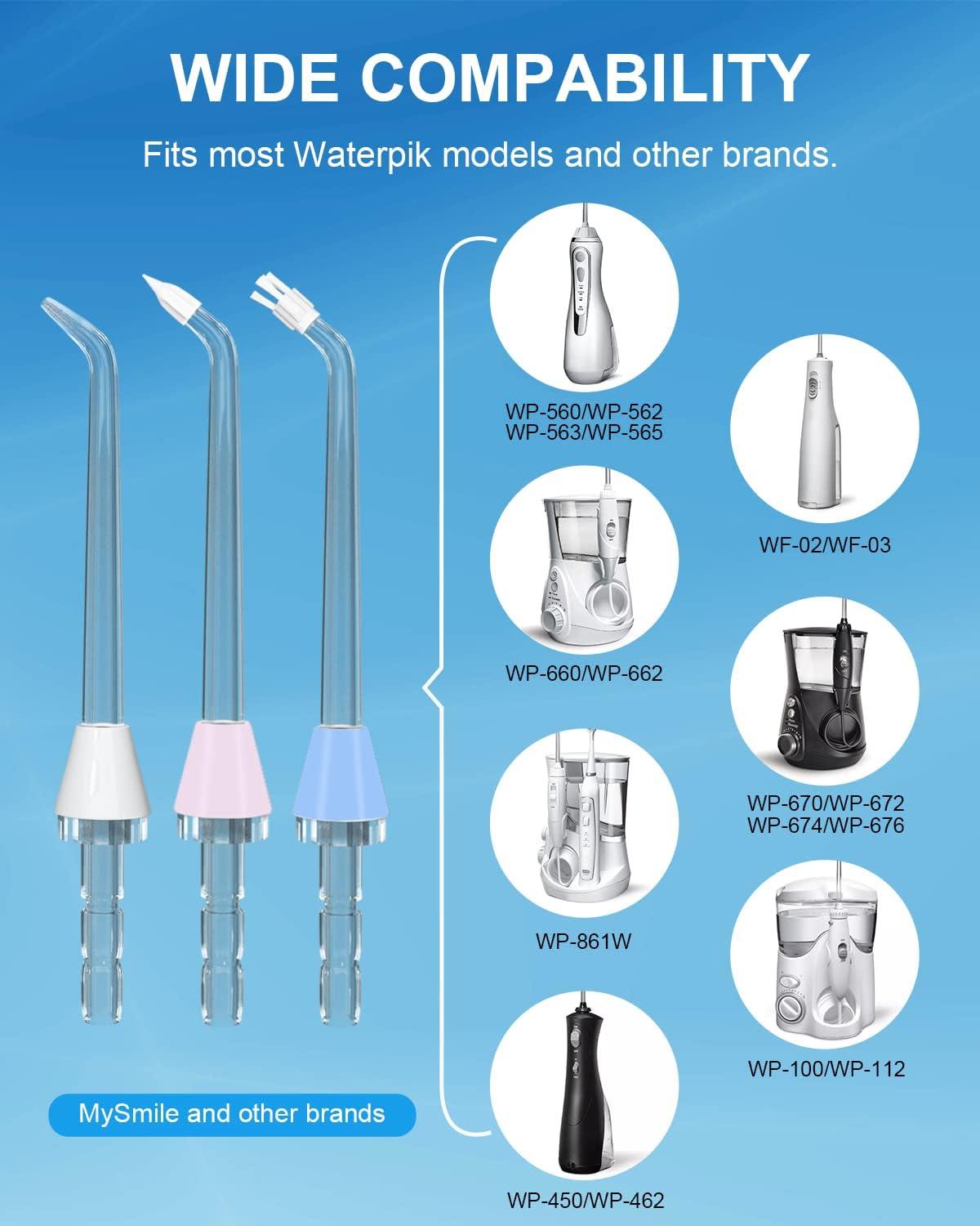 image:imageMySmile 10 PCS Replacement Jet Tips Oral Irrigator Nozzle Set Compatible with Water Flosser by Waterpik and Mocel Includes Classic Tips Periodontal Pocket Tips and Plaque Seeker Tips