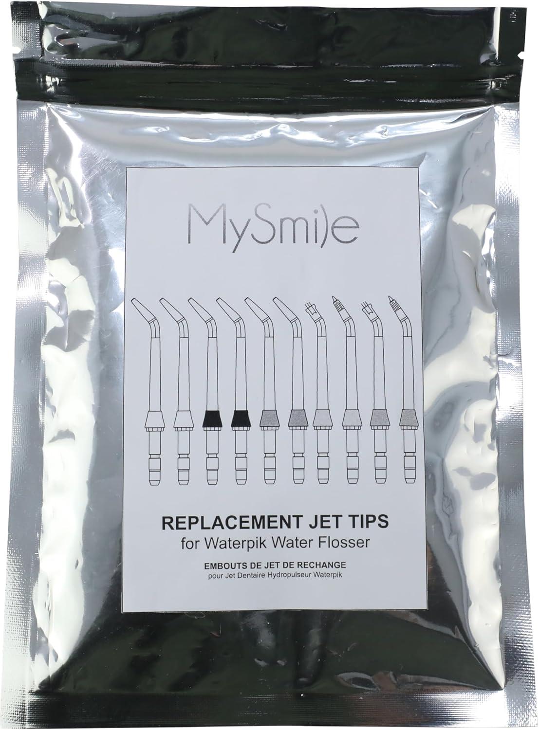 image:imageMySmile 10 PCS Replacement Jet Tips Oral Irrigator Nozzle Set Compatible with Water Flosser by Waterpik and Mocel Includes Classic Tips Periodontal Pocket Tips and Plaque Seeker Tips