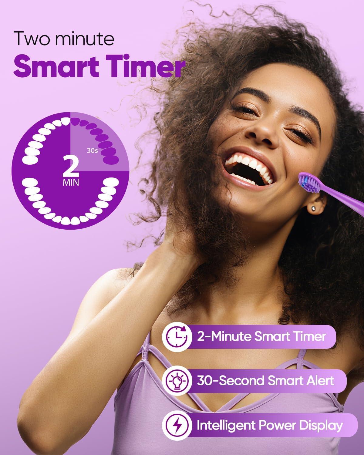 image:imageMySmile DY156 Electric Toothbrush for Adults Rechargeable Sonic Battery Toothbrush Portable with 3 Brush Heads 2 Mins 5 Modes Smart Timer 45000VPM One Charge for 60 Days PinkPurple