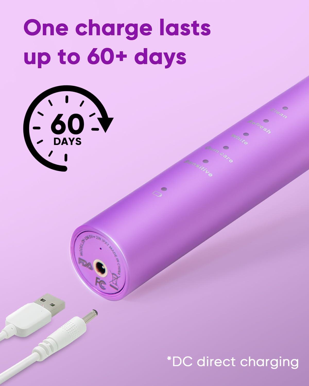 image:imageMySmile DY156 Electric Toothbrush for Adults Rechargeable Sonic Battery Toothbrush Portable with 3 Brush Heads 2 Mins 5 Modes Smart Timer 45000VPM One Charge for 60 Days PinkPurple