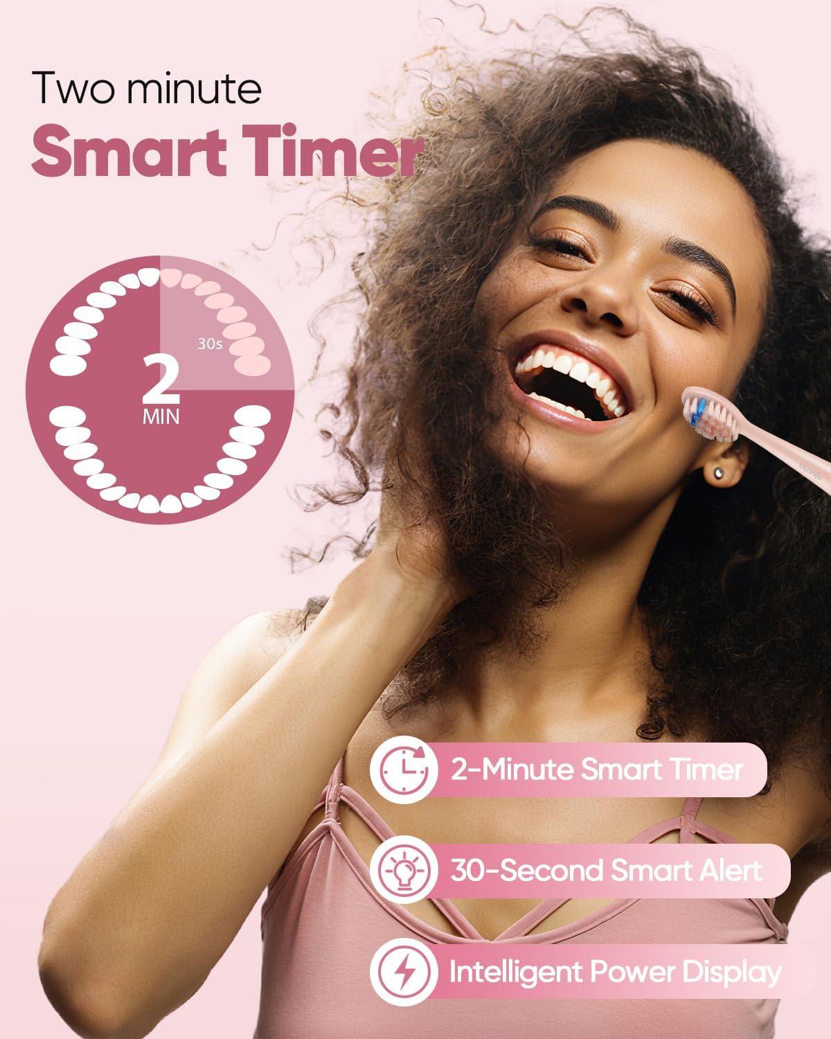 image:imageMySmile DY156 Electric Toothbrush for Adults Rechargeable Sonic Battery Toothbrush Portable with 3 Brush Heads 2 Mins 5 Modes Smart Timer 45000VPM One Charge for 60 Days PinkPink