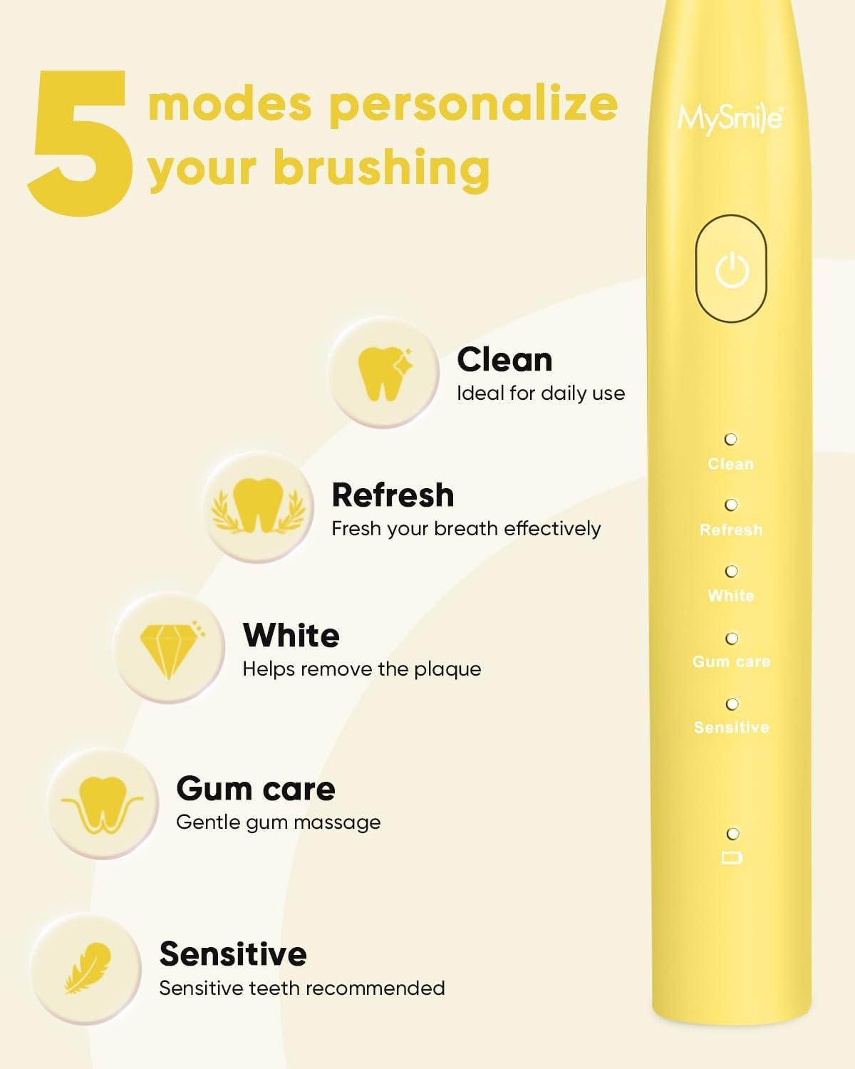 image:imageMySmile DY156 Electric Toothbrush for Adults Rechargeable Sonic Battery Toothbrush Portable with 3 Brush Heads 2 Mins 5 Modes Smart Timer 45000VPM One Charge for 60 Days PinkYellow