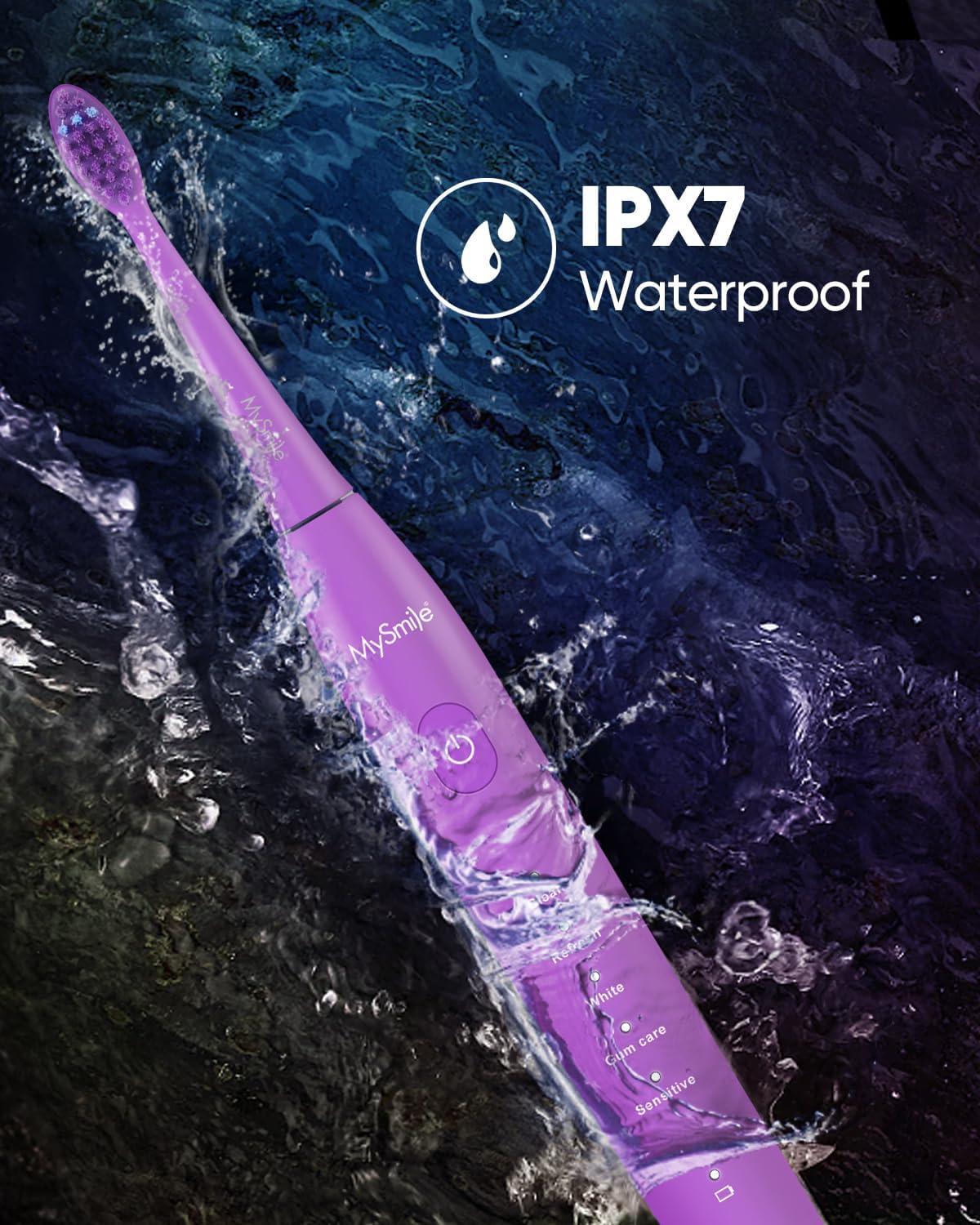 image:imageMySmile DY156 Electric Toothbrush for Adults Rechargeable Sonic Battery Toothbrush Portable with 3 Brush Heads 2 Mins 5 Modes Smart Timer 45000VPM One Charge for 60 Days PinkPurple