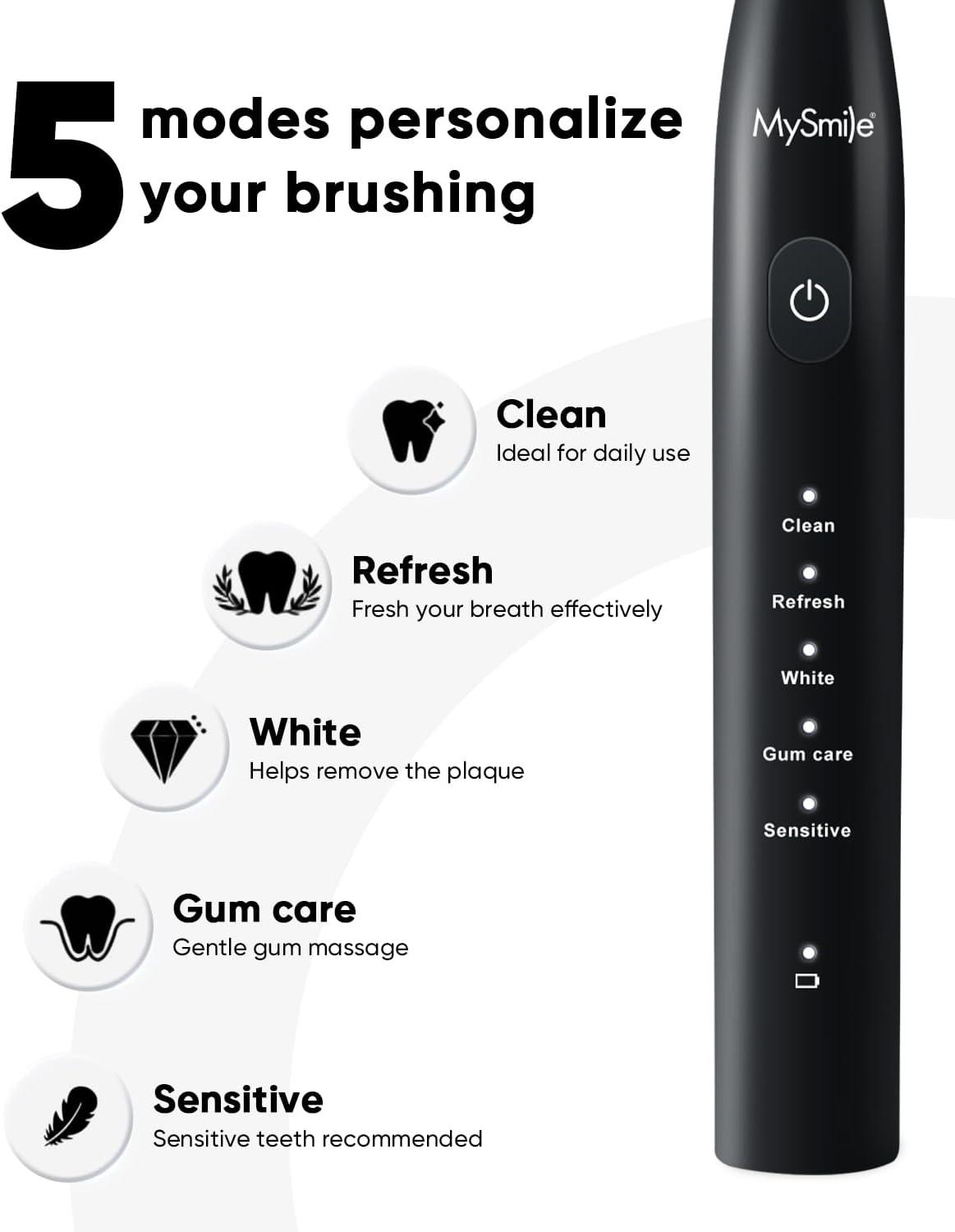 image:imageMySmile DY156 Electric Toothbrush for Adults Rechargeable Sonic Battery Toothbrush Portable with 3 Brush Heads 2 Mins 5 Modes Smart Timer 45000VPM One Charge for 60 Days PinkBlack