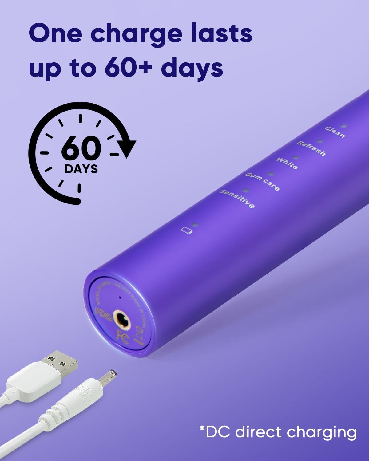 image:imageMySmile DY156 Electric Toothbrush for Adults Rechargeable Sonic Battery Toothbrush Portable with 3 Brush Heads 2 Mins 5 Modes Smart Timer 45000VPM One Charge for 60 Days PinkViolet
