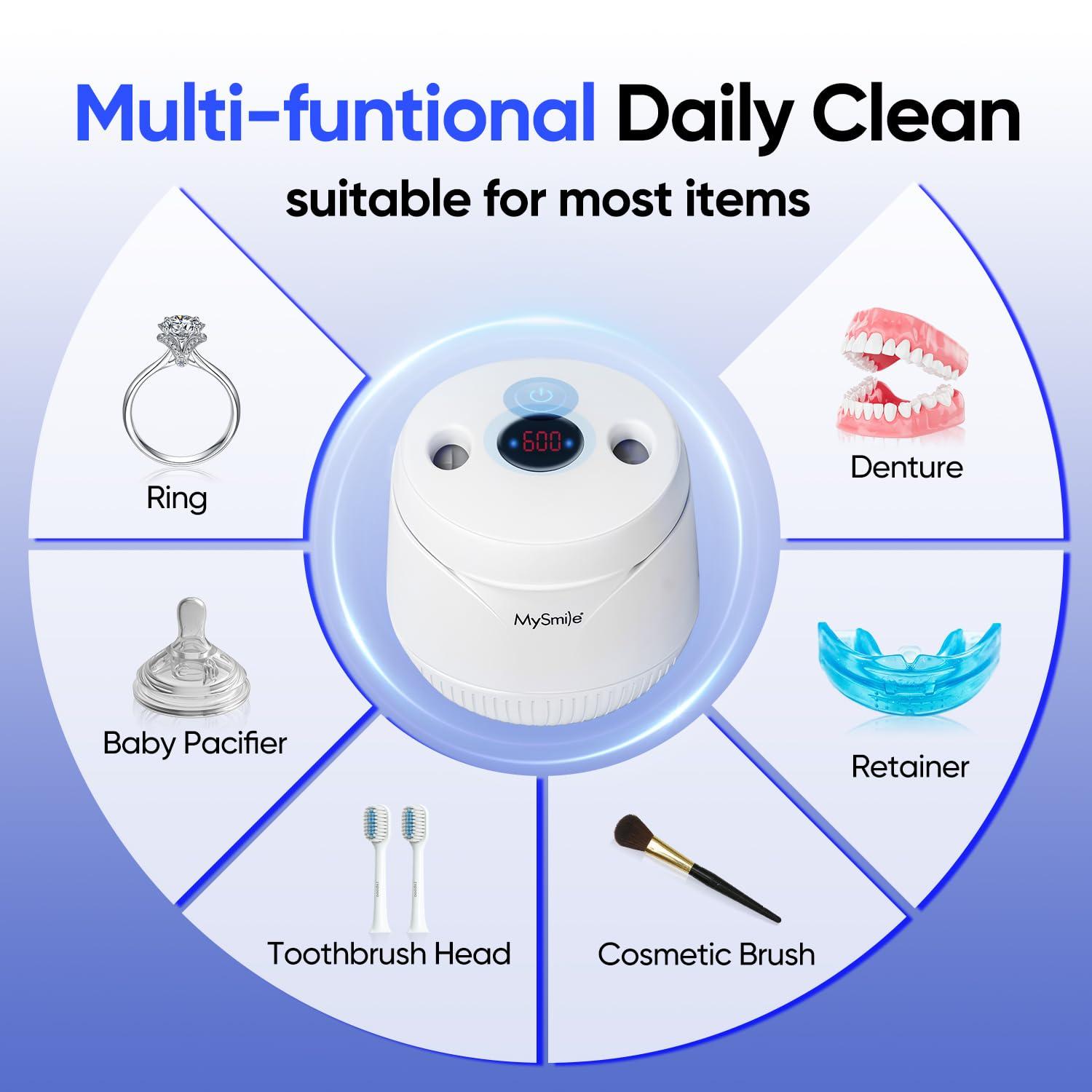 image:imageMySmile Dental Ultrasonic Retainer Cleaner Machine 45kHz UV Denture Cleaner with 200ML Capacity for Aligner Braces Mouth Guard Night Guard Portable Dental Cleaning Pod with Digital Timer BlackWhite