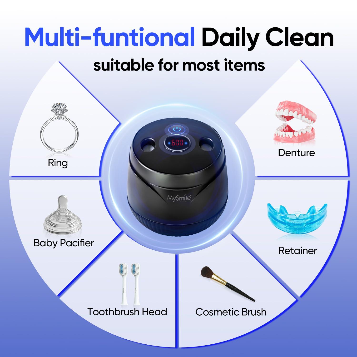 image:imageMySmile Dental Ultrasonic Retainer Cleaner Machine 45kHz UV Denture Cleaner with 200ML Capacity for Aligner Braces Mouth Guard Night Guard Portable Dental Cleaning Pod with Digital Timer BlackBlack