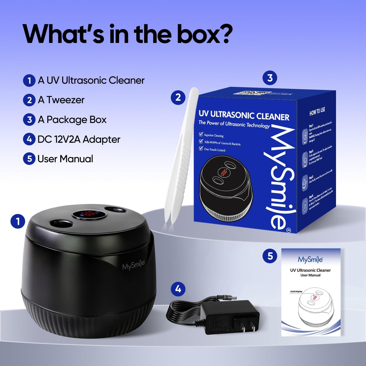 image:imageMySmile Dental Ultrasonic Retainer Cleaner Machine 45kHz UV Denture Cleaner with 200ML Capacity for Aligner Braces Mouth Guard Night Guard Portable Dental Cleaning Pod with Digital Timer BlackBlack