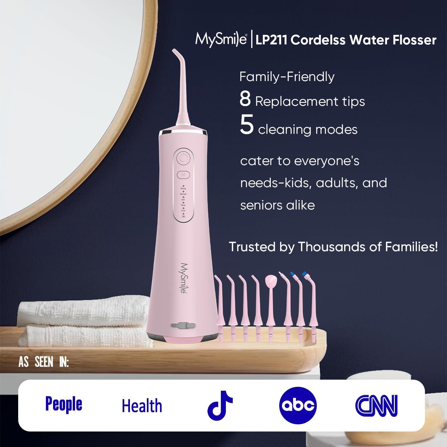 image:imageMySmile LP211 Cordless Water Flossers Portable Rechargeable Oral Irrigator for Teeth Cleaning 5 Cleaning Modes IPX7 Waterproof 8 Replacement Tips and a Storage Pouch Juicy PinkJuicy Pink