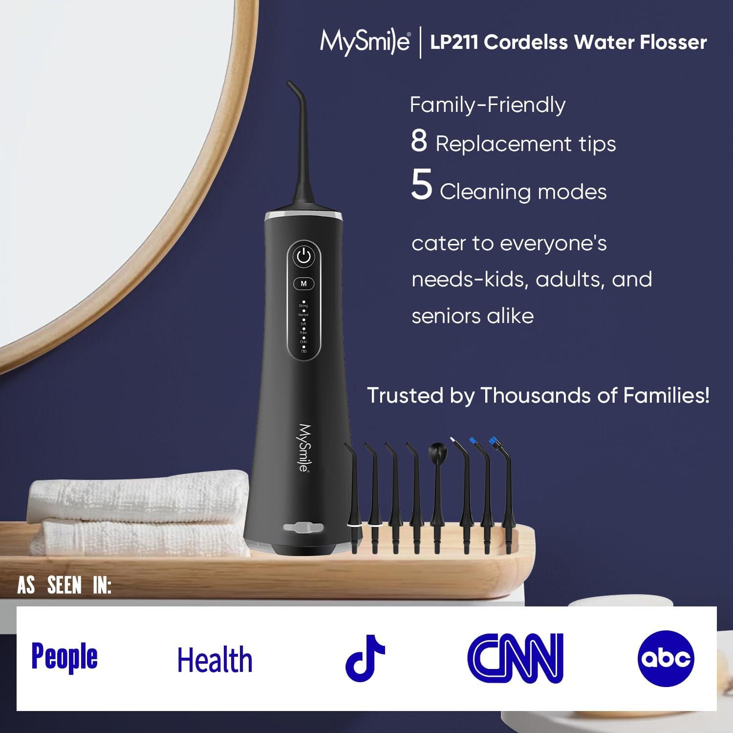 image:imageMySmile LP211 Cordless Water Flossers Portable Rechargeable Oral Irrigator for Teeth Cleaning 5 Cleaning Modes IPX7 Waterproof 8 Replacement Tips and a Storage Pouch Juicy PinkMidnight Black