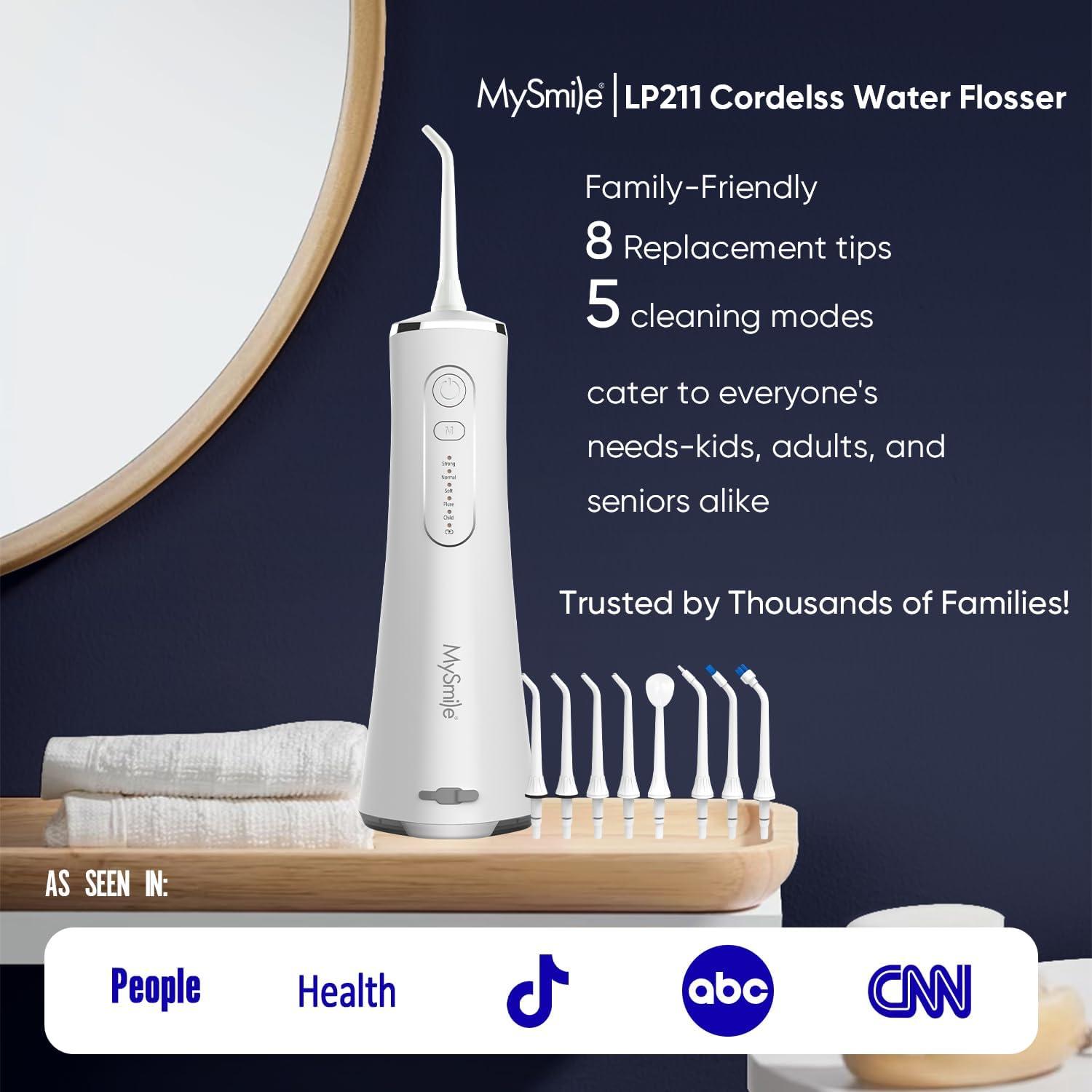 image:imageMySmile LP211 Cordless Water Flossers Portable Rechargeable Oral Irrigator for Teeth Cleaning 5 Cleaning Modes IPX7 Waterproof 8 Replacement Tips and a Storage Pouch Juicy PinkPearl White