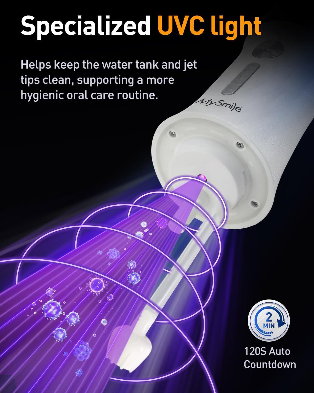 image:imageMySmile LP221 Cordless Water Flossers for Teeth with UVC Light Sanitizer and OLED Display 335ML 4 Modes Water Teeth Cleaner Picks for Teeth Cleaning and Water Flossing Juicy PinkPearl White