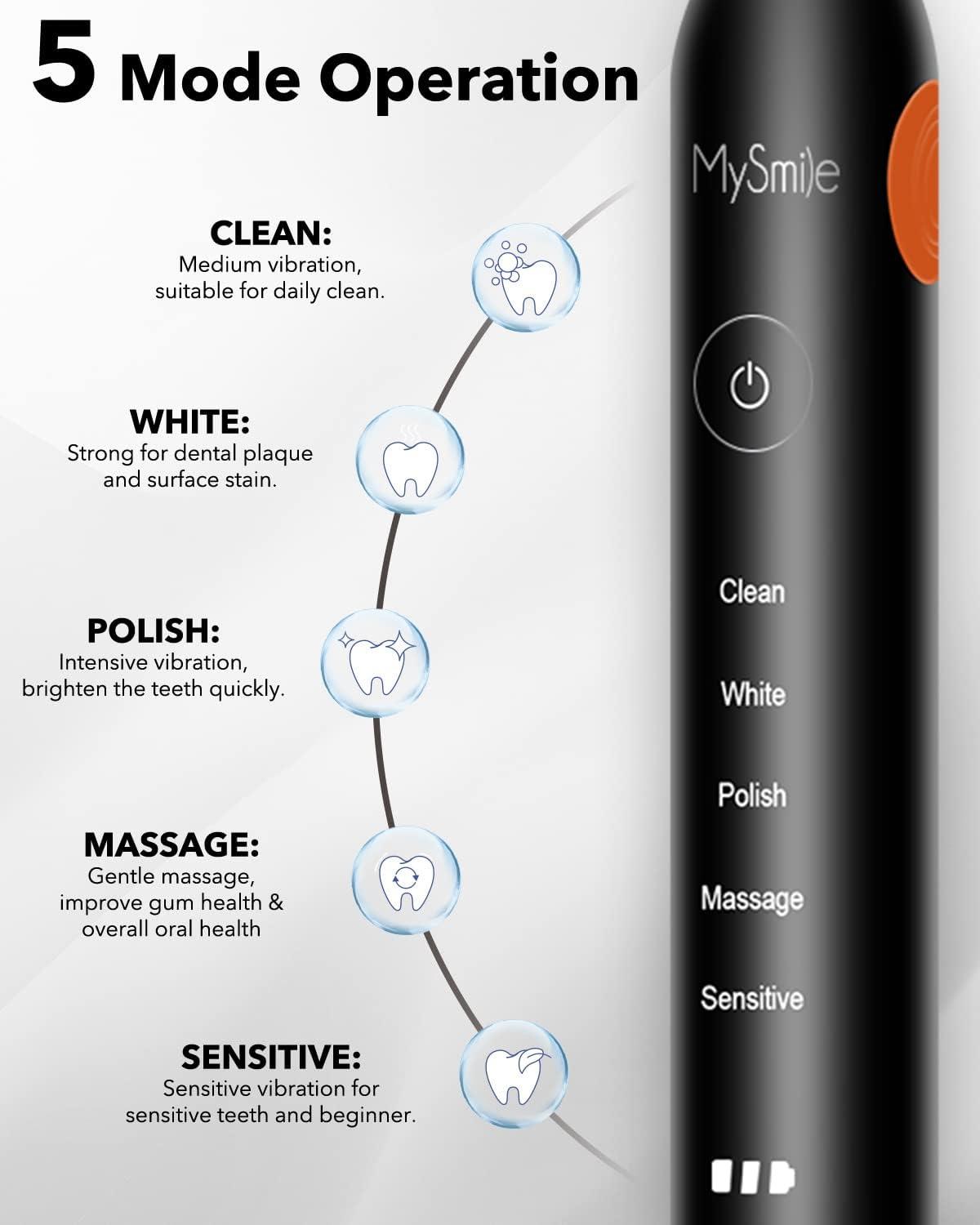 image:imageMySmile UC605 Electric Toothbrush and Teeth Whitening Powder Rechargeable Sonic Electronic Toothbrush with 6 Brush Heads and Travel Case 2 Mins 5 Modes Smart Timer 48000VPM Black