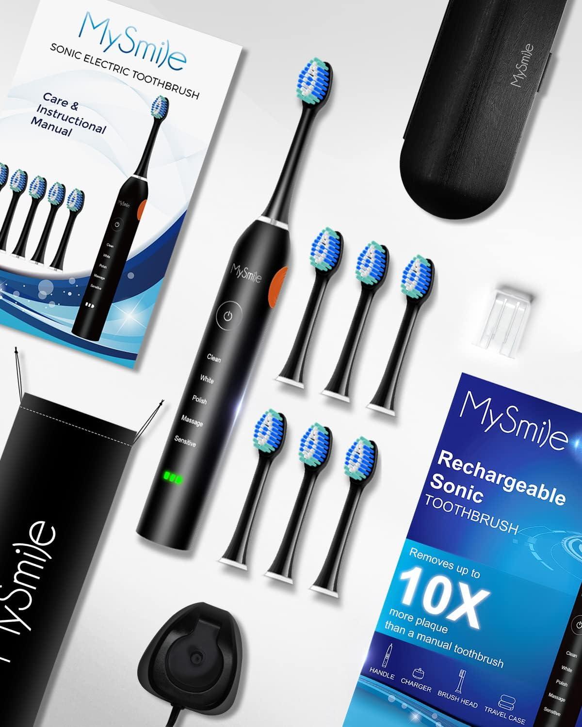 image:imageMySmile UC605 Electric Toothbrush and Teeth Whitening Powder Rechargeable Sonic Electronic Toothbrush with 6 Brush Heads and Travel Case 2 Mins 5 Modes Smart Timer 48000VPM Black