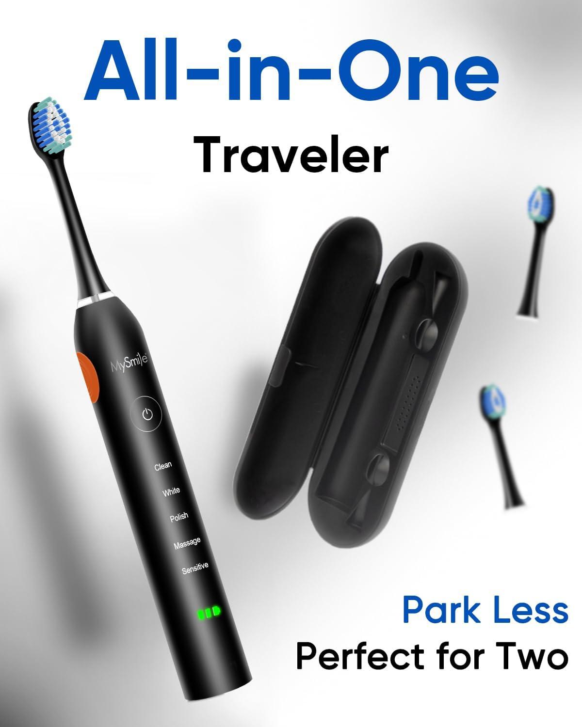 image:imageMySmile UC605 Electric Toothbrush for Adults Rechargeable Sonic Electronic Toothbrush with 6 Brush Heads and Travel Case 2 Mins 5 Modes Smart Timer 48000VPM BlackBlack