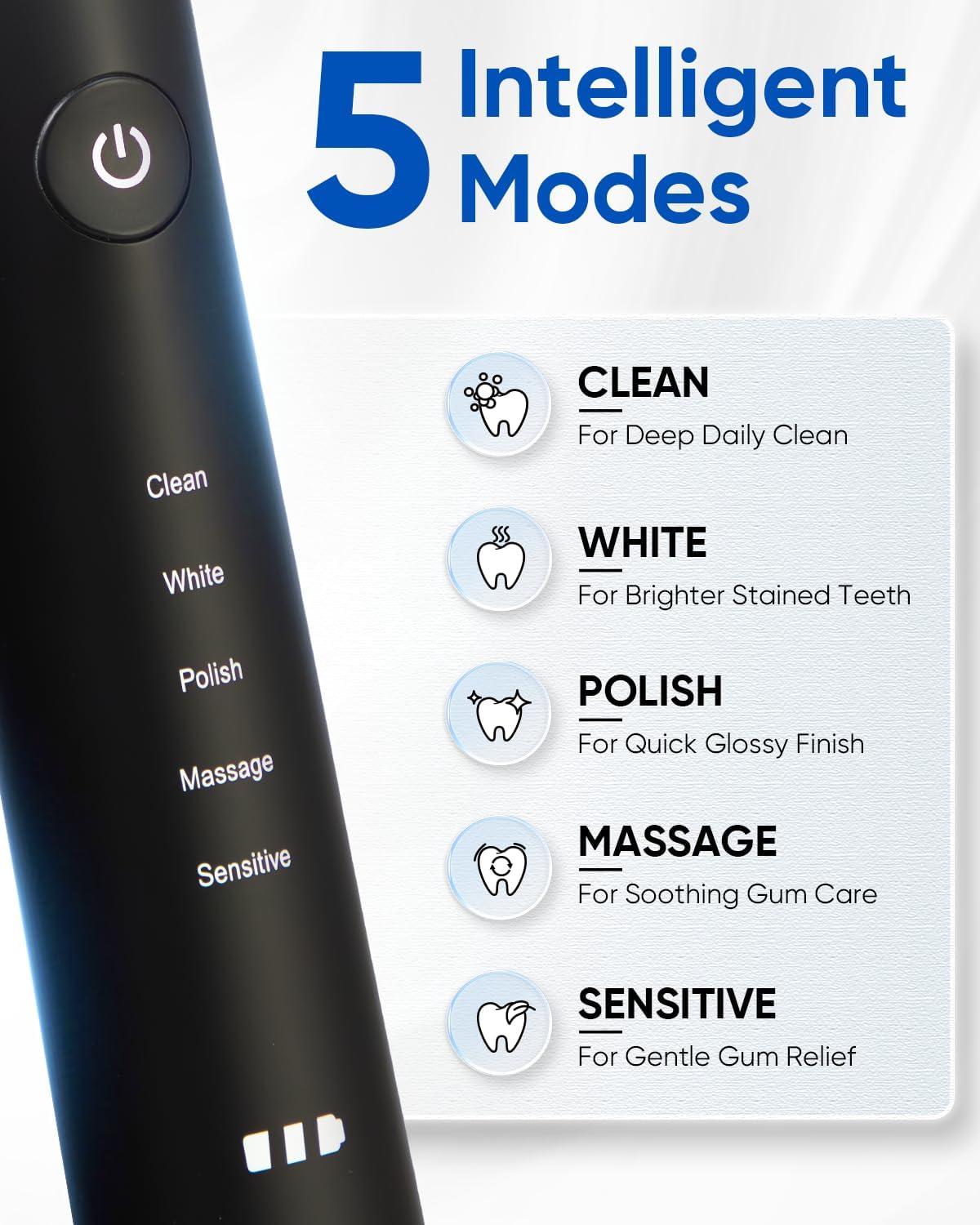 image:imageMySmile UC605 Electric Toothbrush for Adults Rechargeable Sonic Electronic Toothbrush with 6 Brush Heads and Travel Case 2 Mins 5 Modes Smart Timer 48000VPM BlackBlack