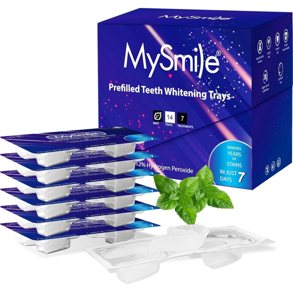 image:imageMySmile 7 Treatments Prefilled Teeth Whitening Trays Kit with 12 Hydrogen Peroxide Whiter Gel for Sensitive Tooth FastResult Vegan Teeth Whitener UWraps Tooth Stain Remover Mint Flavor2 Count Pack of 7