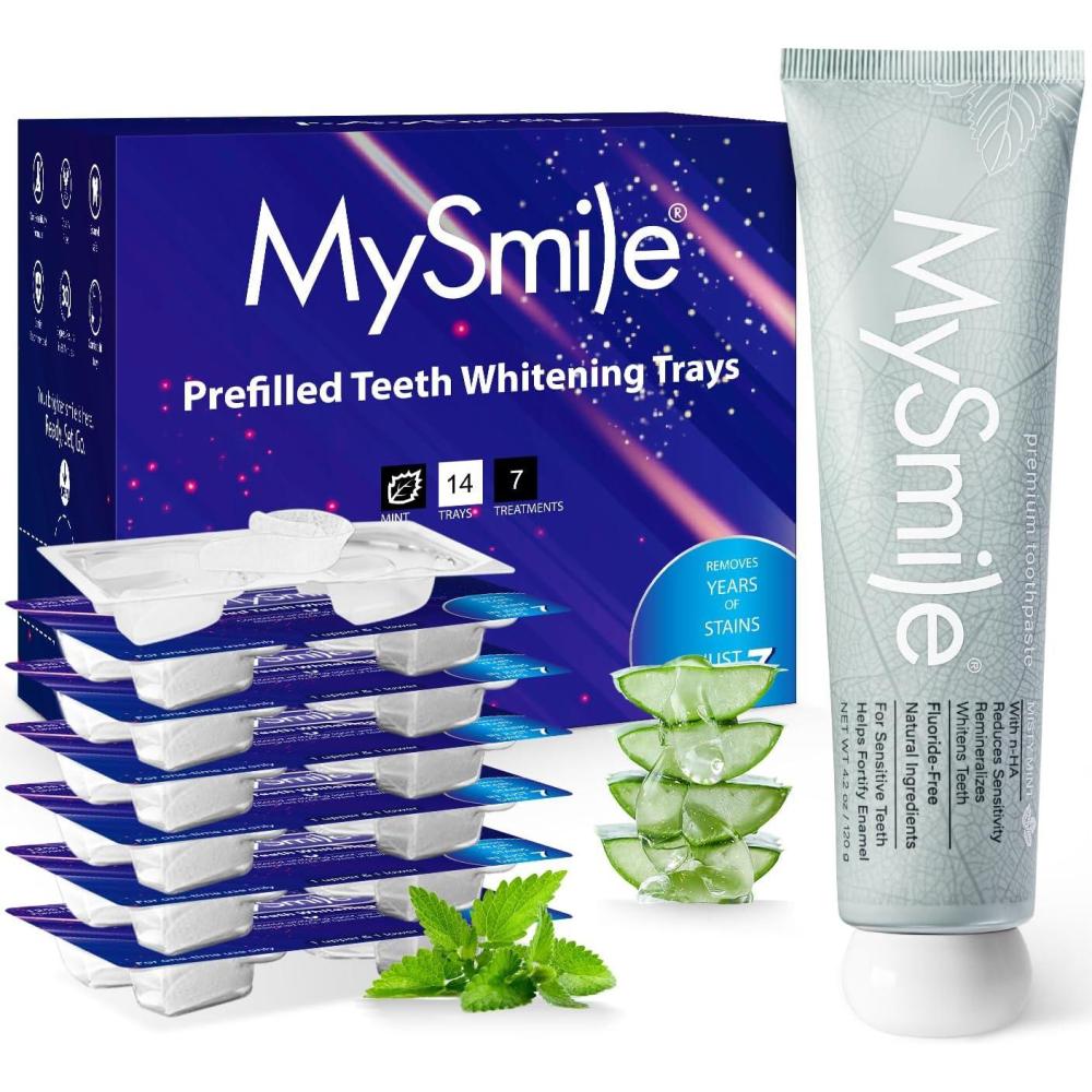 image:imageMySmile 7 Treatments Prefilled Teeth Whitening Trays Kit with 12 Hydrogen Peroxide Whiter Gel for Sensitive Tooth FastResult Vegan Teeth Whitener UWraps Tooth Stain Remover Mint Flavor2 Count Pack of 8