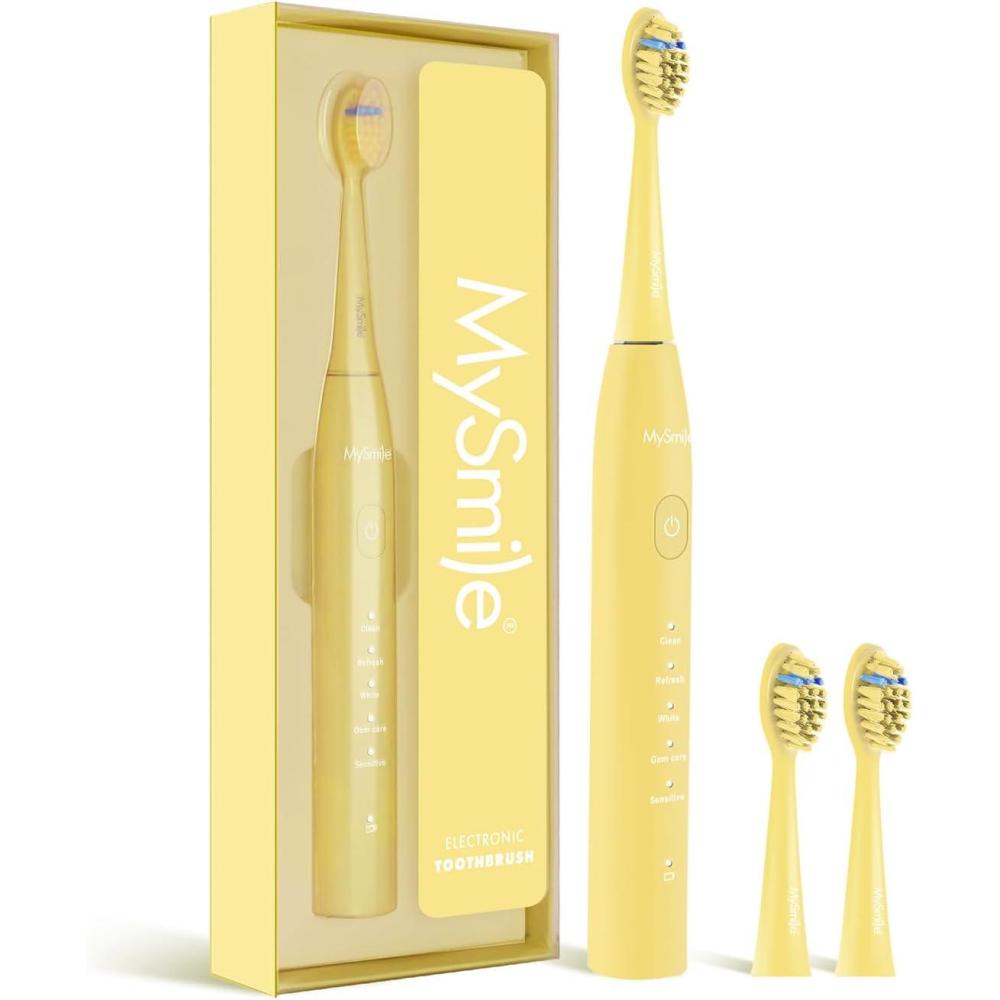 image:imageMySmile DY156 Electric Toothbrush for Adults Rechargeable Sonic Battery Toothbrush Portable with 3 Brush Heads 2 Mins 5 Modes Smart Timer 45000VPM One Charge for 60 Days PinkYellow