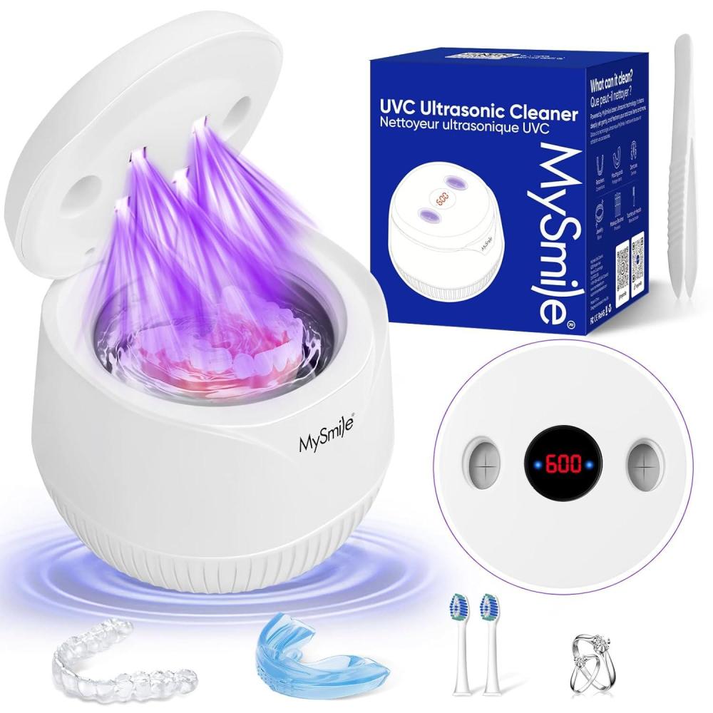 image:imageMySmile Dental Ultrasonic Retainer Cleaner Machine 45kHz UV Denture Cleaner with 200ML Capacity for Aligner Braces Mouth Guard Night Guard Portable Dental Cleaning Pod with Digital Timer BlackWhite