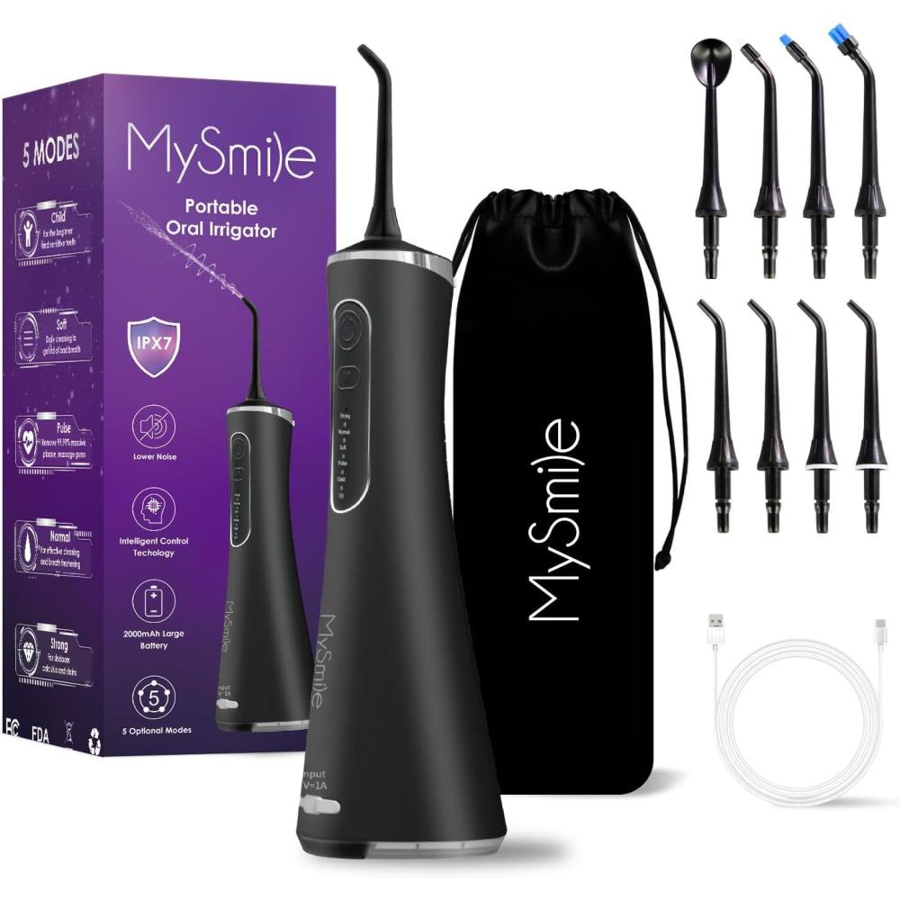 image:imageMySmile LP211 Cordless Advanced Water Flossers for Teeth 5 Cleaning Modes Rechargeable Power Dental Flosser 8 Replacement Jet Tips IPX 7 Waterproof Dental Irrigador with Portable Travel Storage PouchBlack
