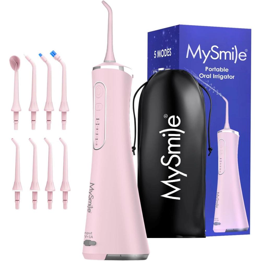 image:imageMySmile LP211 Cordless Water Flossers Portable Rechargeable Oral Irrigator for Teeth Cleaning 5 Cleaning Modes IPX7 Waterproof 8 Replacement Tips and a Storage Pouch Midnight BlackJuicy Pink