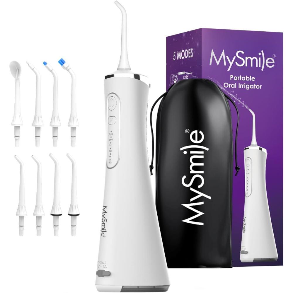 image:imageMySmile LP211 Cordless Water Flossers Portable Rechargeable Oral Irrigator for Teeth Cleaning 5 Cleaning Modes IPX7 Waterproof 8 Replacement Tips and a Storage Pouch Midnight BlackPearl White