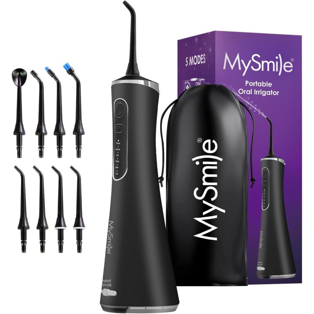 image:imageMySmile LP211 Cordless Water Flossers Portable Rechargeable Oral Irrigator for Teeth Cleaning 5 Cleaning Modes IPX7 Waterproof 8 Replacement Tips and a Storage Pouch Midnight BlackMidnight Black