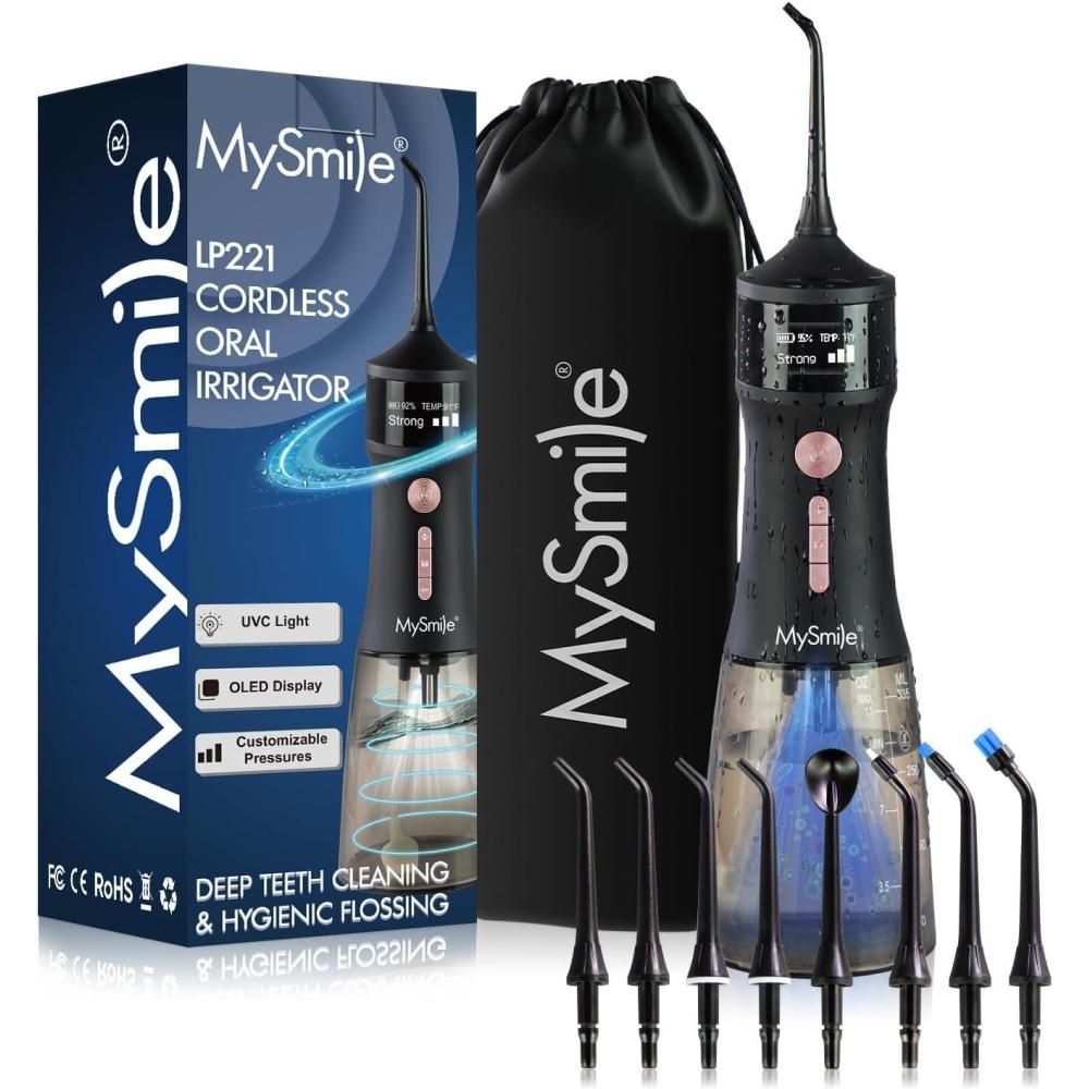 image:imageMySmile LP221 Cordless Water Flossers for Teeth with UVC Light Sanitizer and OLED Display 335ML 4 Modes Water Teeth Cleaner Picks for Teeth Cleaning and Water Flossing Midnight BlackMidnight Black