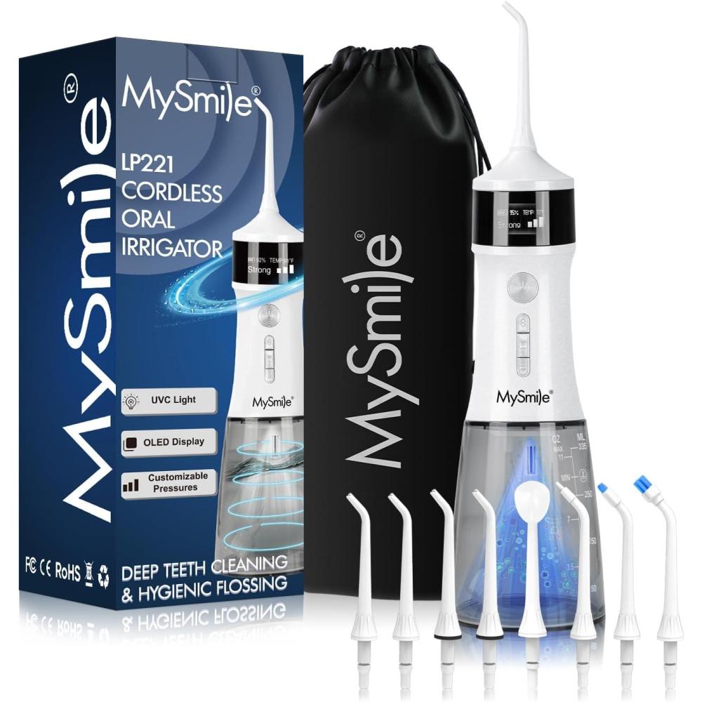 image:imageMySmile LP221 Cordless Water Flossers for Teeth with UVC Light Sanitizer and OLED Display 335ML 4 Modes Water Teeth Cleaner Picks for Teeth Cleaning and Water Flossing Midnight BlackPearl White
