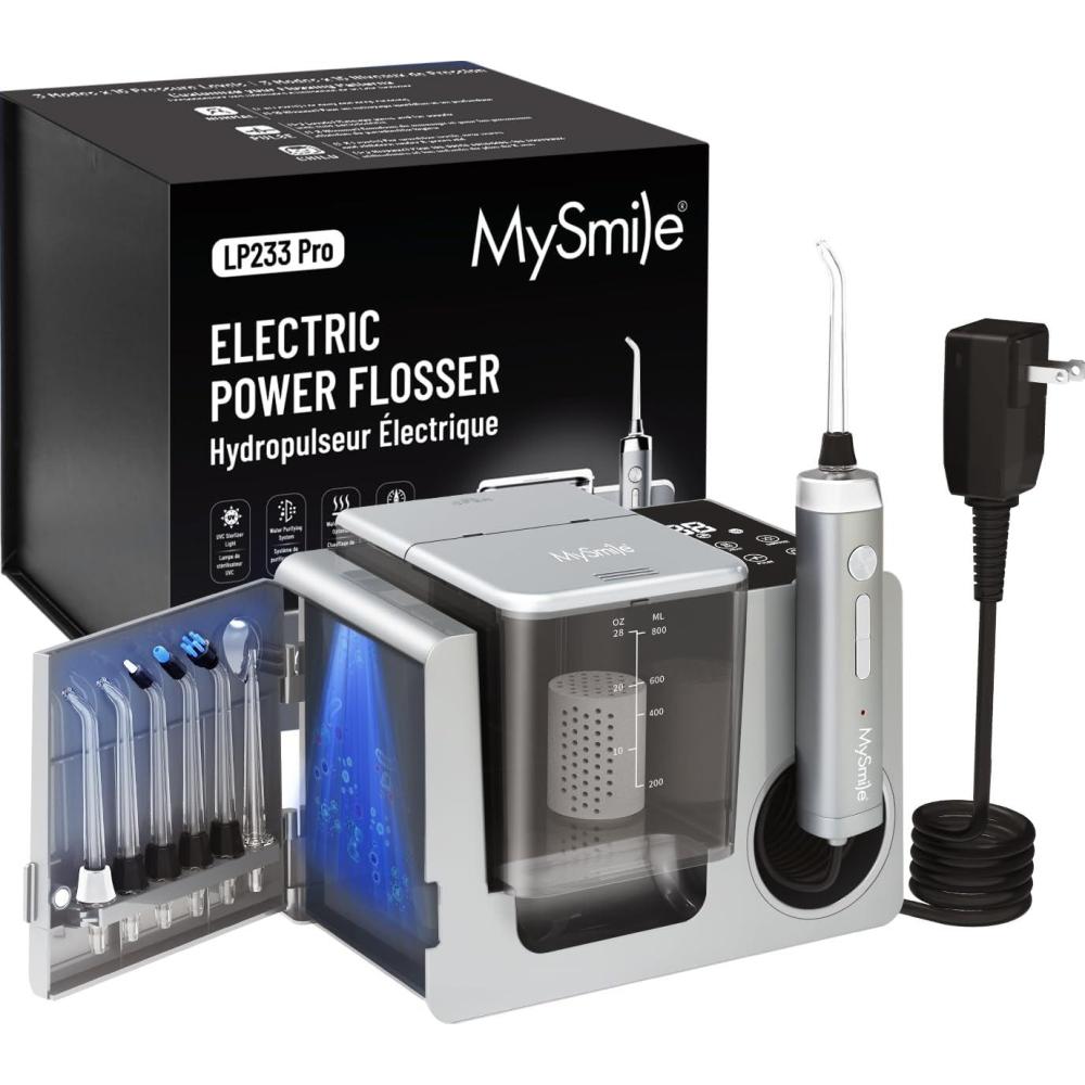 image:imageMySmile LP233 Pro UVC Sterilizable Countertop Water flossers for Teeth 800ML Digital Display Electric Oral Irrigator with a Water Filter 3 Modes and 6 Jet Tips Lightning SilverLightning Silver