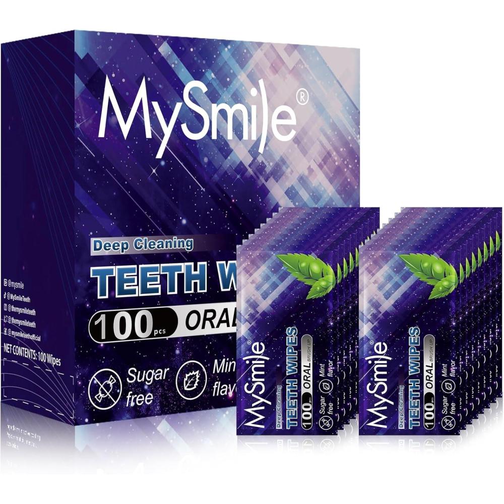 image:imageMySmile Teeth Wipes 100pcs Disposal Finger Brush Deep Cleaning Wipes Oral Brush Ups Tooth Wipes For Teeth Cleaning Oral Freshes Mint FlavorPurple
