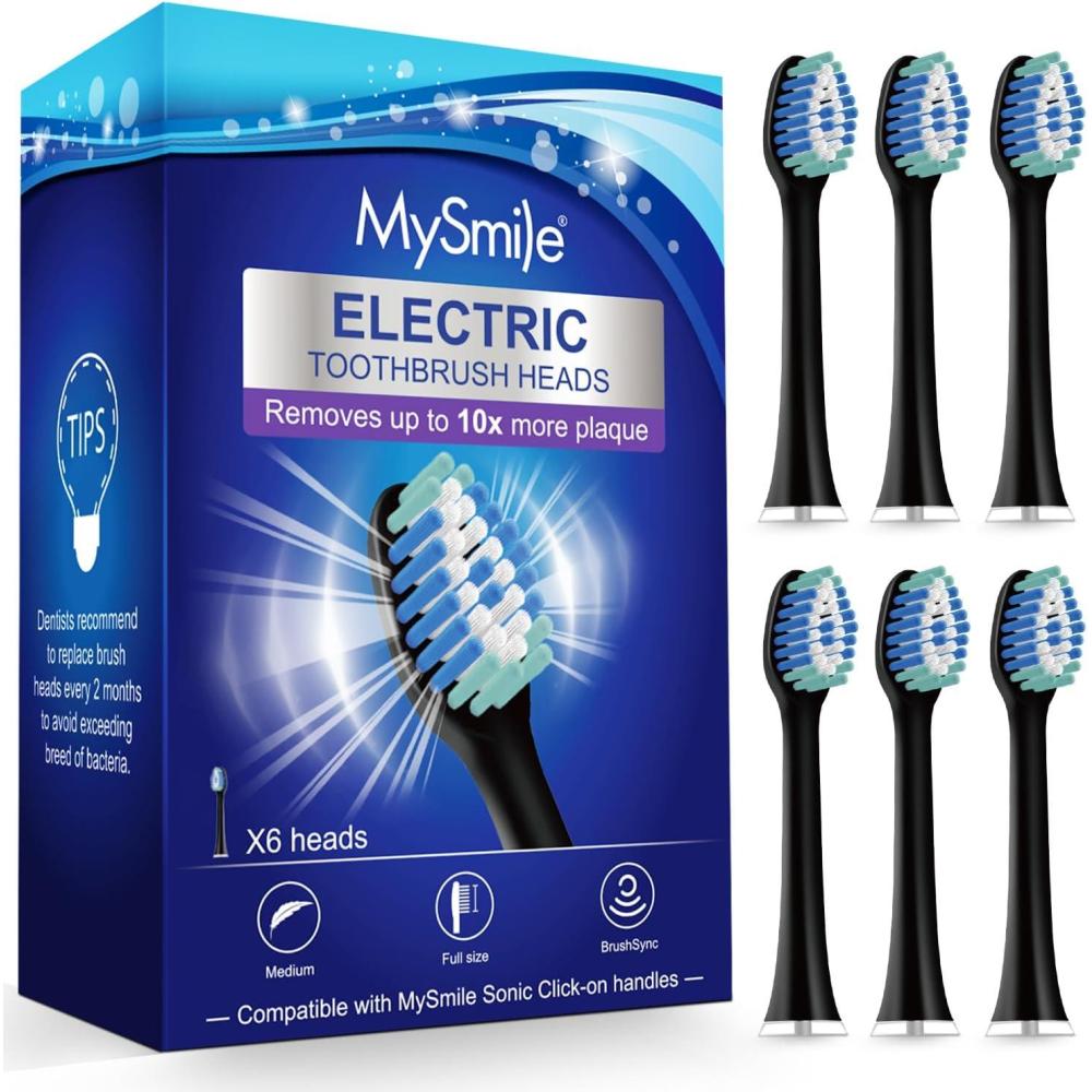 image:imageMySmile UC605 Electric Toothbrush Replacement Heads 6 Packs WhiteBlack