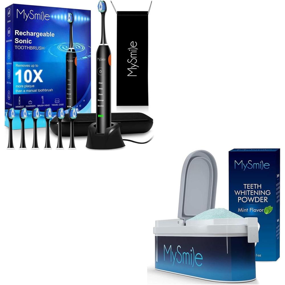 image:imageMySmile UC605 Electric Toothbrush and Teeth Whitening Powder Rechargeable Sonic Electronic Toothbrush with 6 Brush Heads and Travel Case 2 Mins 5 Modes Smart Timer 48000VPM Black
