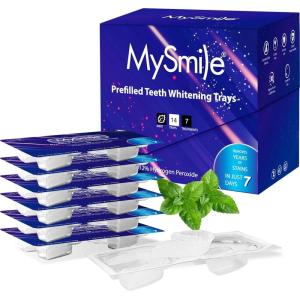 MySmile 7 Treatments Prefilled Teeth Whitening Trays Kit with 12% Hydrogen Peroxide Whiter Gel for Sensitive Tooth, Fast-Result Vegan Teeth Whitener U-Wraps Tooth Stain Remover, Mint Flavor(2 Count (Pack of 7))