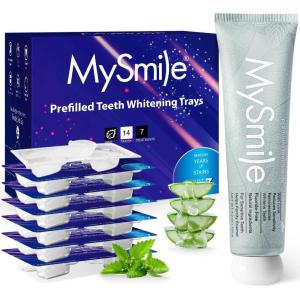 MySmile 7 Treatments Prefilled Teeth Whitening Trays Kit with 12% Hydrogen Peroxide Whiter Gel for Sensitive Tooth, Fast-Result Vegan Teeth Whitener U-Wraps Tooth Stain Remover, Mint Flavor(2 Count (Pack of 8))