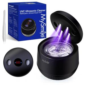 MySmile Dental Ultrasonic Retainer Cleaner Machine- 45kHz UV Denture Cleaner with 200ML Capacity for Aligner, Braces, Mouth Guard, Night Guard, Portable Dental Cleaning Pod with Digital Timer (Black)(Black)