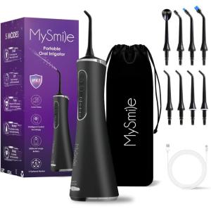 MySmile LP211 Cordless Advanced Water Flossers for Teeth, 5 Cleaning Modes Rechargeable Power Dental Flosser 8 Replacement Jet Tips IPX 7 Waterproof Dental Irrigador with Portable Travel Storage Pouch(Black)