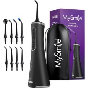 MySmile LP211 Cordless Water Flossers, Portable Rechargeable Oral Irrigator for Teeth Cleaning, 5 Cleaning Modes, IPX7 Waterproof, 8 Replacement Tips and a Storage Pouch (Juicy Pink)(Midnight Black)