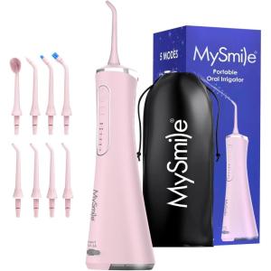 MySmile LP211 Cordless Water Flossers, Portable Rechargeable Oral Irrigator for Teeth Cleaning, 5 Cleaning Modes, IPX7 Waterproof, 8 Replacement Tips and a Storage Pouch (Midnight Black)(Juicy Pink)