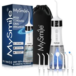 MySmile LP221 Cordless Water Flossers for Teeth with UVC Light Sanitizer and OLED Display, 335ML 4 Modes Water Teeth Cleaner Picks for Teeth Cleaning and Water Flossing (Juicy Pink)(Pearl White)