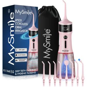 MySmile LP221 Cordless Water Flossers for Teeth with UVC Light Sanitizer and OLED Display, 335ML 4 Modes Water Teeth Cleaner Picks for Teeth Cleaning and Water Flossing (Juicy Pink)(Juicy Pink)