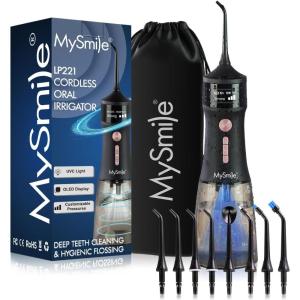 MySmile LP221 Cordless Water Flossers for Teeth with UVC Light Sanitizer and OLED Display, 335ML 4 Modes Water Teeth Cleaner Picks for Teeth Cleaning and Water Flossing (Juicy Pink)(Midnight Black)