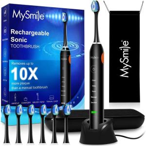 MySmile UC605 Electric Toothbrush for Adults, Rechargeable Sonic Electronic Toothbrush with 6 Brush Heads and Travel Case, 2 Mins 5 Modes Smart Timer, 48000VPM (Black)(Black)